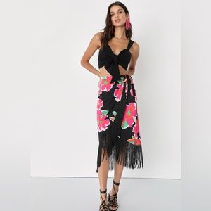 NWT “Memorable Vibes” Black floral print satin fringe midi skirt